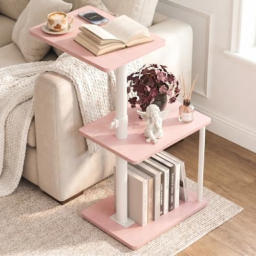 Image of Faesun Swivel Side Table for Couch Arm, Adjustable C End Table for Recliner or Bed, Tv Trays with Storage Shelf for Small Spaces Small Nightstand Table for Living Room, Bedroom,Pink