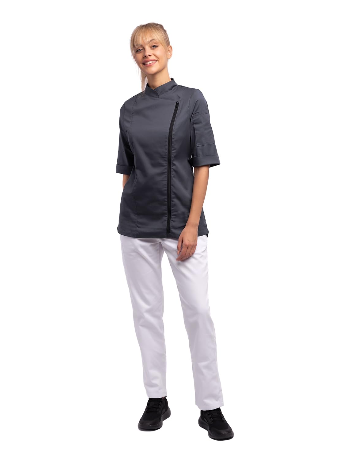 Veste de Cuisine pour Femmes Stretch Uniforme Professionnel de Chef Cuisinier avec Boutons sur Les devants Manches Longs Manches Courts Noirs Blanc Gris Rose