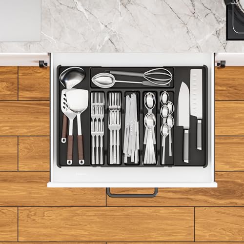 Yieach Black Expandable Silverware Organizers for Kitchen Drawers,Large 8 Grid Silverware Tray and Cutlery Drawer Organizer,BPA Free Kitchen Utensil Organizer for Knife,Spoons Forks Set Flatware Tray - Image 5
