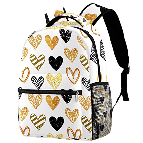 Sac à dos de voyage cœurs dorés et noirs stylé pour le campus