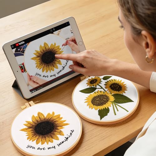 Image of Sunflower Embroidery Kits for Beginners Adults, Floral Hand Embroidery Set Needlepoint Kits, Stamped Cross Stitch Kits for Beginners Adults, 2 Embroidery Hoops, Fabric, Thread(Attached Video Tutorial)