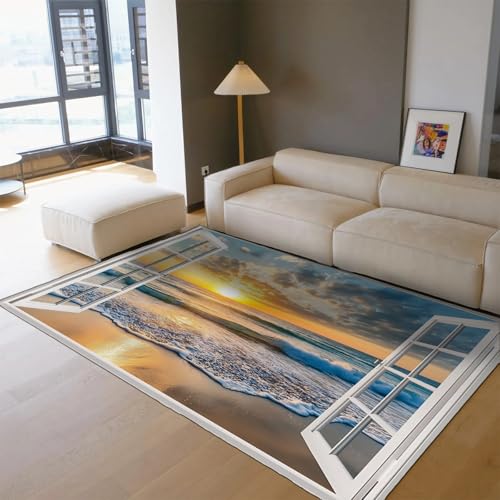 Tapis de sol 3D effet fenetre theme ocean antiderapant lavable 140x200 - 3