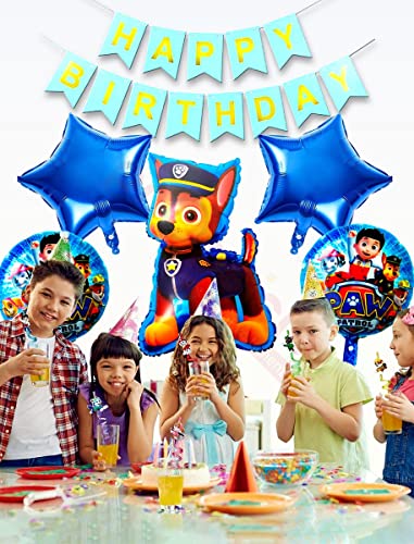 Image of Propsicle Paw-Ptrol Foil Balloon Pack of 5 with Happy Birthday Blue Fishtail Flags Pack of 1 Baby Birthday Party Supplies Item