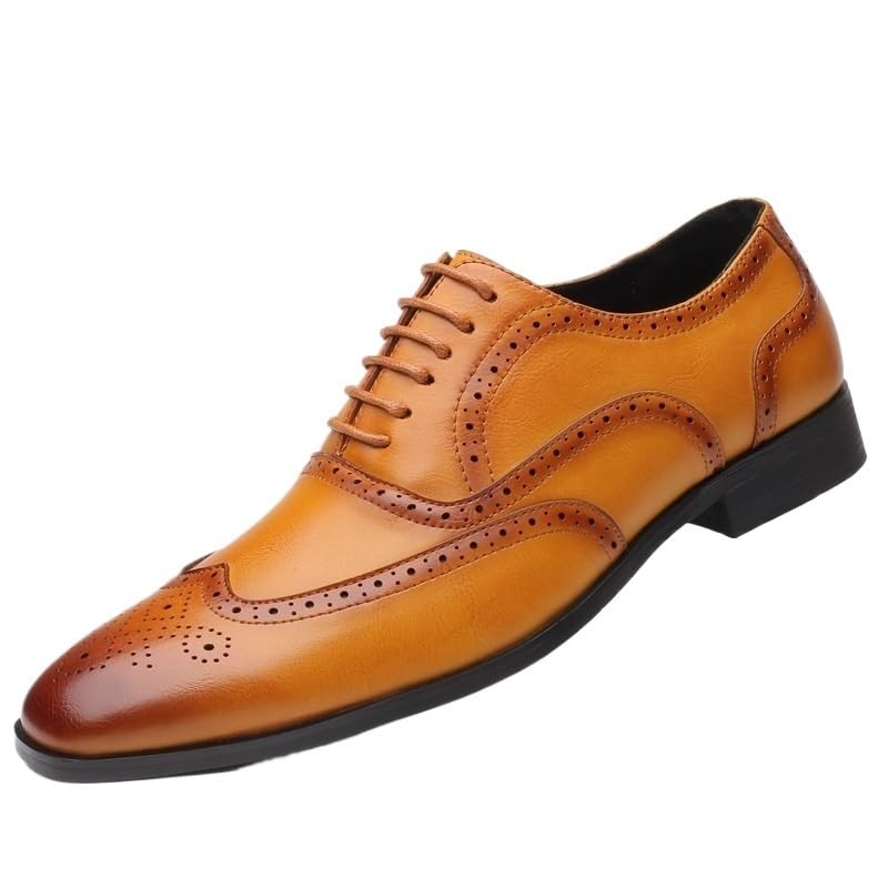 Mens Classic Leather Oxfords Flat Head Toe Lace Up Low Heels Carved Fashion Dress Shoes for Office Business Casual Work