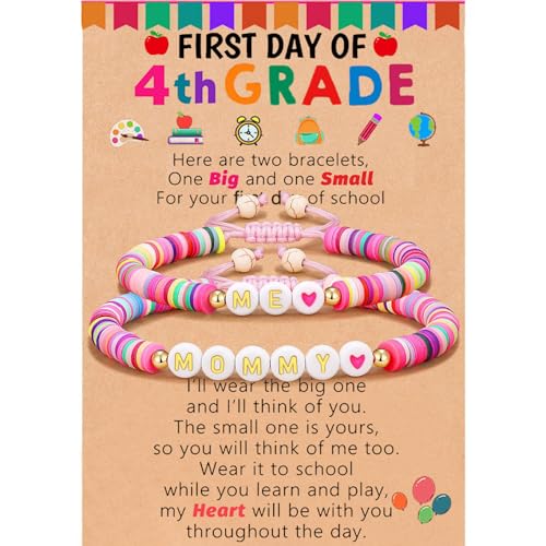 2Pcs First Day of School Bracelet Mommy/Mother And ME/Daughter Pink Polymer Clay Rope Heart Beaded Bracelet With Message Card Protection Anxiety Relief Jewelry Back To School Gifts
