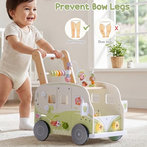 Image of ROBOTIME Wooden Baby Walker, Baby Push Walker, Ajustable Speed Multi-Functional Baby Walker with Wheels for Babies Learning to Walk, Sit-to-Stand (Green)