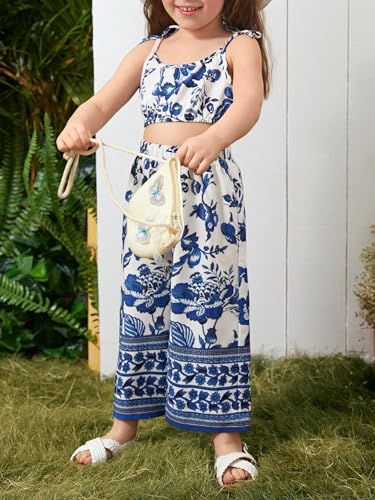 Image of Floerns Girl's 2 Piece Outfit Floral Print Tie Shoulder Cami Top and Pants Set