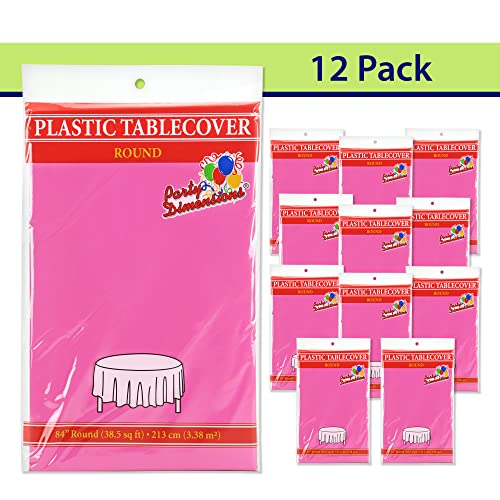 Image of Party Dimensions Pink Disposable Plastic Tablecloth for Round Tables (12 Pack) 84 inches Table Cloths for Parties, Events & Weddings, Indoors & Outdoors, Plastic Table Cover