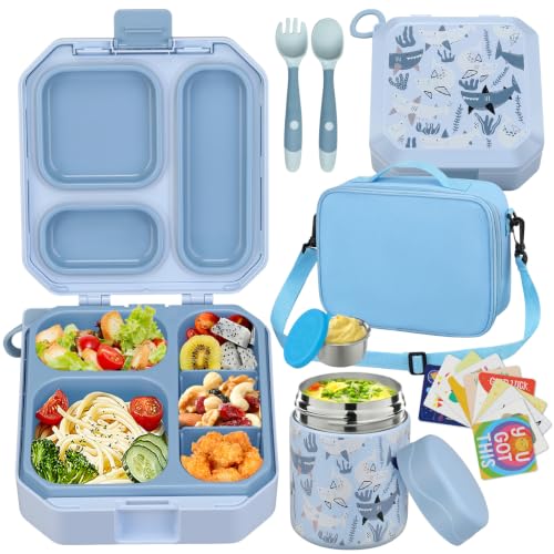 Image of wiwens Bento Lunch Box for Kids with 12oz Soup Thermo Leak-Proof Lunch Food Container with 5 Compartment Thermo Hot Food Jar and Insulated Lunch Bag for Kid Toddler Girls Boys to School