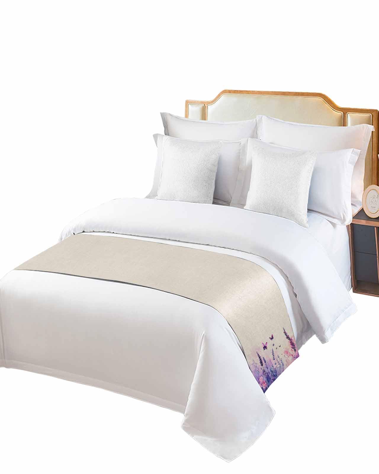 Spring Lavender Bed Runner for Twin Size, Butterfly Purple Farmhouse Floral Leaf Bedspread Protector Slipcover Bed Scarf for Foot Runners & Scarves for Bedroom Hotel Wedding Room 71x20 Inches