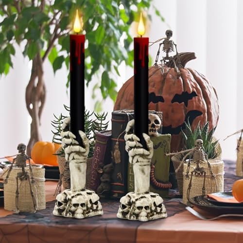 Image of Black Flameless Taper Candles Battery Operated with Remote and Timer, Blood Dripping Wax LED Flickering Candles Skeleton Hand Holders Dinner Table Halloween Decor Lights(2 Pack, 3 inch x 12 inch)