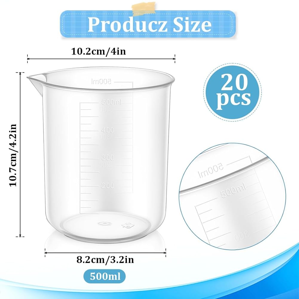 Paquete de 20 Vasos de Plástico con Graduación de 500 Ml, Vaso Medidor Transparente de 17 Oz, Vasos Mezcladores de Epoxi para Medir Líquidos.
