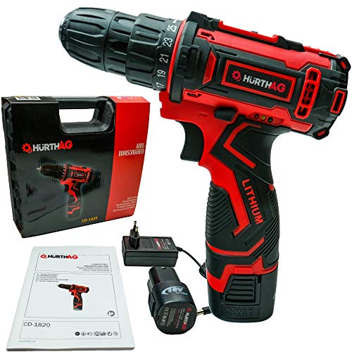 HurthAG Perceuse-visseuse sans fil 18 V Mandrin 10 mm 2 vitesses 25+1 positions de contrôle de couple 32 Nm 2 batteries Li-ion + mallette + Manuel d’utilisation (langue française non garantie) Cover