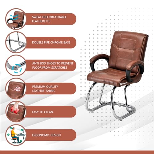 Image of Special Director Principal Office Visitor Study with arm Rest and Cushioned seat Back, Chair Without Wheels, Holds Upto 125 kg Chair (1, Tan, Double Pipe Chrome Frame)