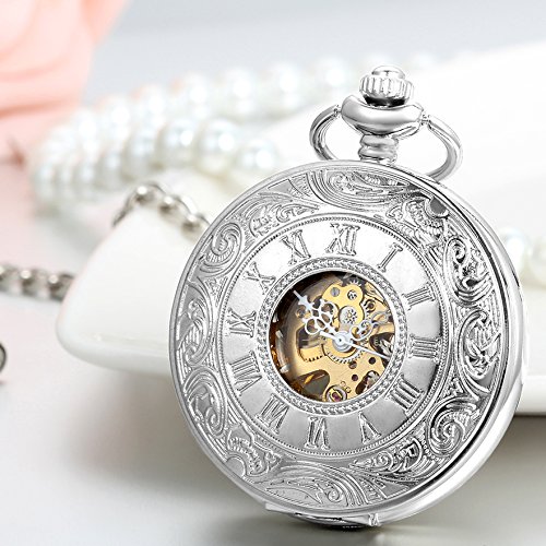Image of JewelryWe Antique Mechanical Pocket Watch Retro Classic Mechanical Hand-Wind Pocket Watch Steampunk Fob Watch Pendant Watch with Chain, for Father's Day