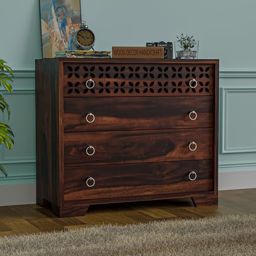 Image of Handcrafted Sheesham Wood Dressers Chests of 4 Drawers | Kitchen Crockery Cabinet Unit | Sideboard Storage Cabinets | Bedroom Furniture | Wooden Chests of Drawers (Walnut Finish)