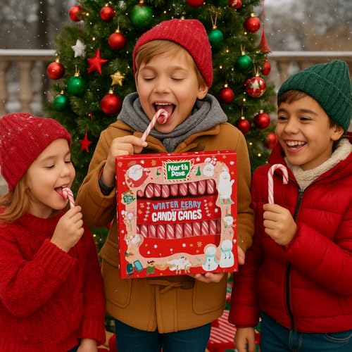 Image of Candy Canes North Pole Winter Berry Flavour (12x 10g) 120g Box By Cougar | Festive Holiday Sweet Treats Gift Box | Classic Striped Christmas Candy for Parties, Gifting, Stockings, Decorations & Celebrations | Pack of Holiday Canes (IMPORTED-UK)