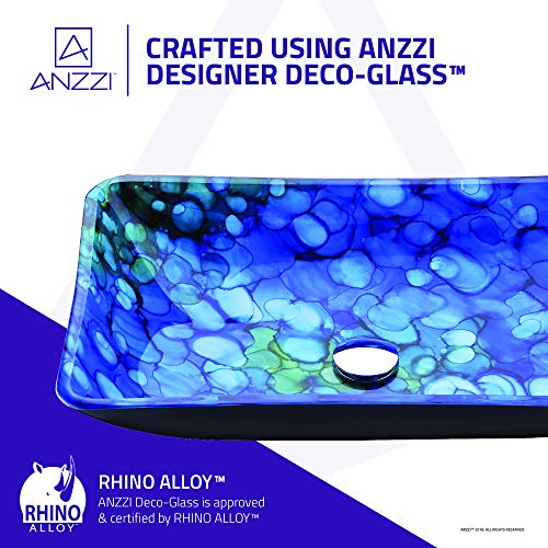 Anzzi Voce Rectangular Tempered Deco Glass Vessel Bathroom Sink In Lustrous Blue | Top Mount Toilet Sinks Above Counter | Square Vanity Countertop Sink Bowl With Pop Up Drain | Ls-Az040 #TOP3