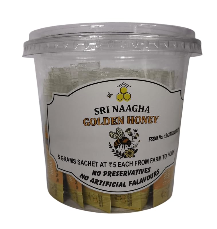 Image of SRI NAAGHA GOLDEN HONEY Sachets Jar | 100% Pure & Natural | Single Serve Reusable Jar | No Added Sugar or Preservatives | Travel & Daily Use 5Gms-Pack of 40