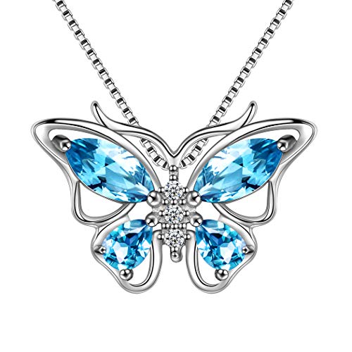 Aurora Tears 925 Sterling Silver Buterfly Necklaces Crystal Swiss Sky Blue Topaz March Birthstone Blue Aquamarine Pendant Necklace Gift for Women and Girls DP0013S