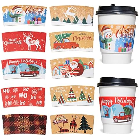 Smarimple Christmas Coffee Cup Sleeves Disposable Hot Chocolate Cocoa Paper Cup Sleeve 120 Pack Double-Layer Corrugated Insulated Paper Jacket for 12oz to 20oz, 10 Designs Cover