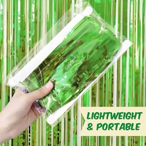 Image of 3 Pack Light Green Foil Fringe Curtains Backdrop, 3.28 x 9.8 Ft Metallic Streamers Tinsel Curtains Background for Photo Booth, Birthday, Halloween, Christmas, Thanksgiving, New Year Party Decorations