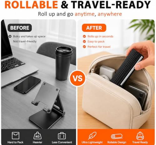 Image of HOUSELY Flexible Silicone Aluminum Phone Stand Foldable Adjustable Mobile Holder Anti Slip Desk Mount Portable Bendable Tablet Support Laptop Stand for Table Travel Office Home - Black