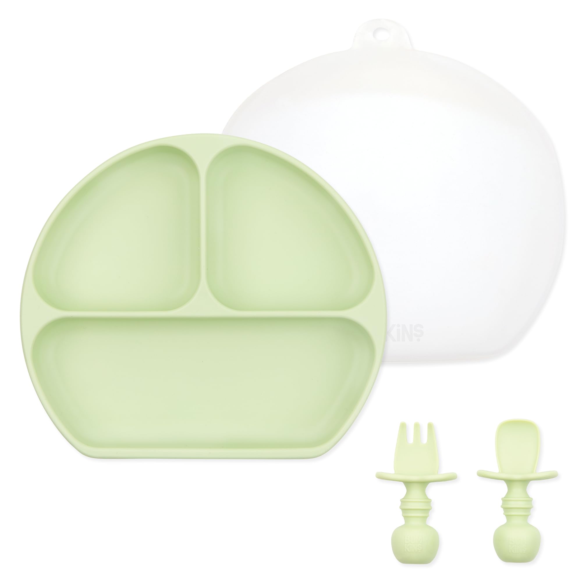 Bumkins Silicone Grip Dish 3-Section, Silicone Training Chewtensils & Lid, Green
