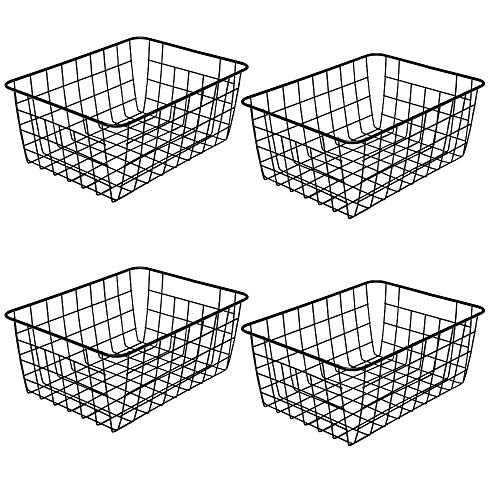 LeleCAT Wire Storage Baskets,Metal Wire Food Storage Organizer Bin Basket with Handles for Kitchen Cabinets, Pantry, Bathroom, Closets, Garage,Black 4 Pack