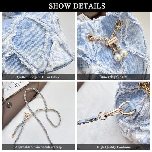 Image of Denim Bucket Bag Quilted Drawstring Jean Purses for Women Denim Clutch Hobo Bags Crossbody Handbag