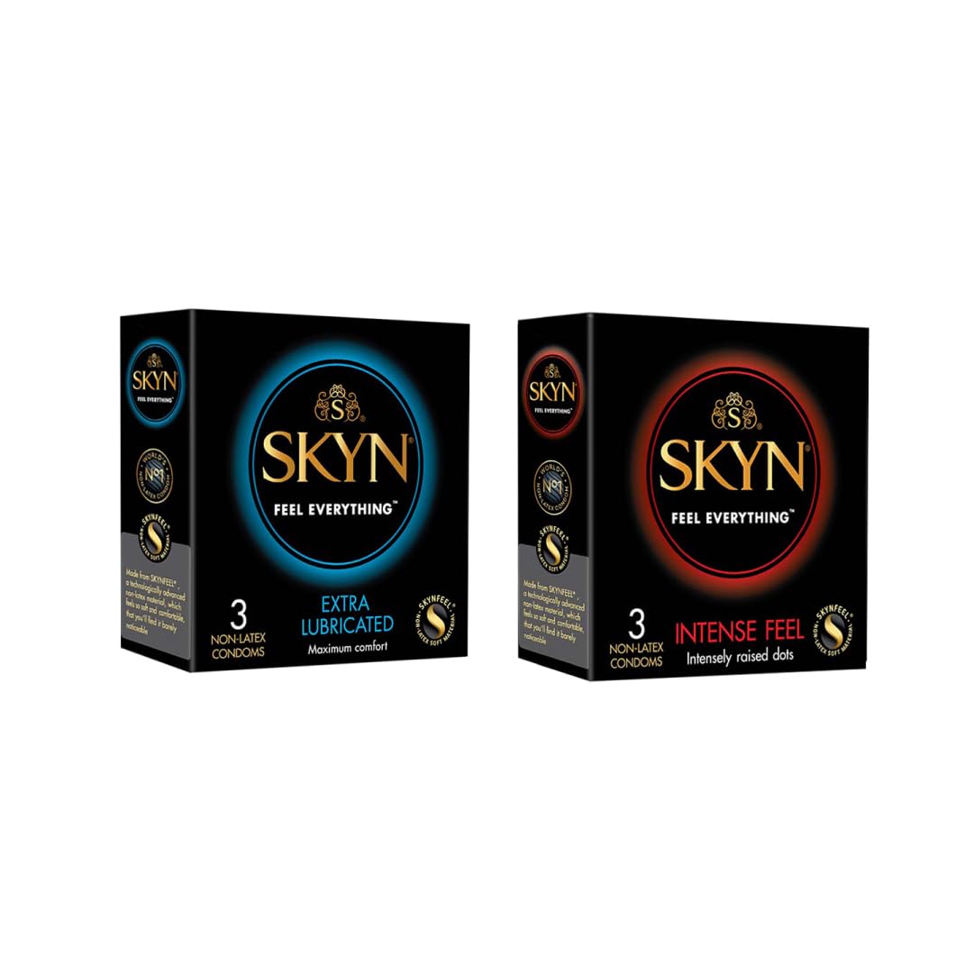 SKYN® Extra Lube super soft premium male condom for superior comfort 3p and SKYN® Intense Feel wave texture with Intensely raised Dots 3p- Pack of 6 non-Latex condoms