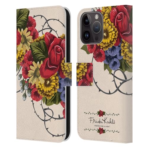 Head Case Designs Licenciado Oficialmente Frida Kahlo Vid Florales Rojos Carcasa de Cuero Tipo Libro Compatible con Apple iPhone 15 Pro MAX