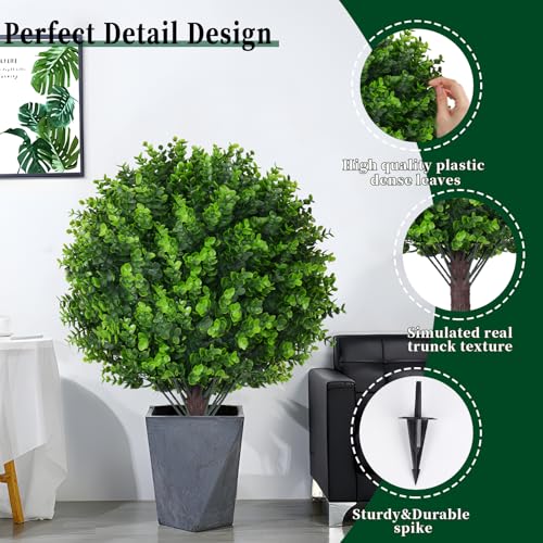 Artificial Eucalyptus Topiary Ball Trees, 2 Set of 16'' UV Resistant Fake Evergreen Shrubs Bushes Plants with Ground Spike, Fake Plants for Outdoor Indoor Front Porch Garden - Image 4