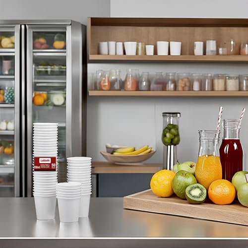 Image of Paper Cups 50 Pcs, Disposable Cups, 150 ML Hot & Cold Beverage Tea, Cofee, Water Cups for Parties, Events, Offices, and Homes, White