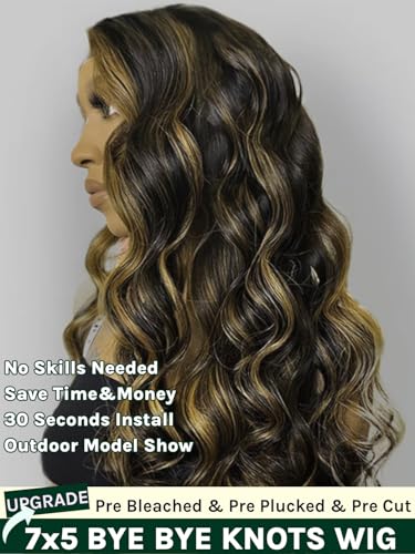 Image of KLAIYI Bye Bye Knots Glueless Ombre Brown Body Wave Pre Cut 7x5 Lace Front Wigs Human Hair Drawstring Pre Plucked Bleached Pre Everything Ready to Wear and Go Wig Highlight Balayage Colored Wig 20Inch