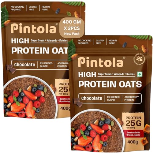 PINTOLA 25G Whey Protein Added OATS Chocolate 400g (Pack of 2) | 0% Refined Sugar | Gluten Free | 8g Fibre | With Almonds Raisins Pumpkin & Chia Seeds | Perfect Breakfast