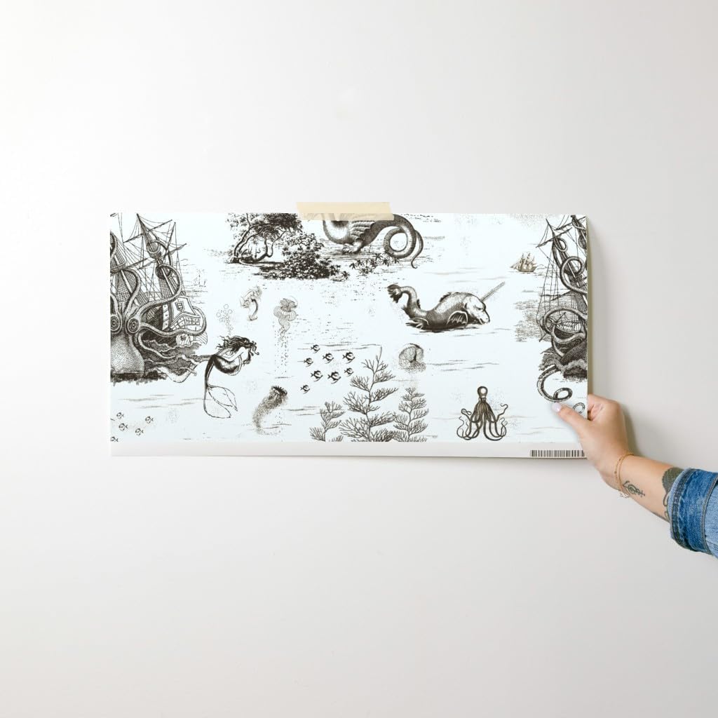 Spoonflower Removable Wallpaper Swatch - Vintage Dragon Ocean Octopus Sepia Toile Mermaid Steampunk Custom Pre-Pasted Wallpaper