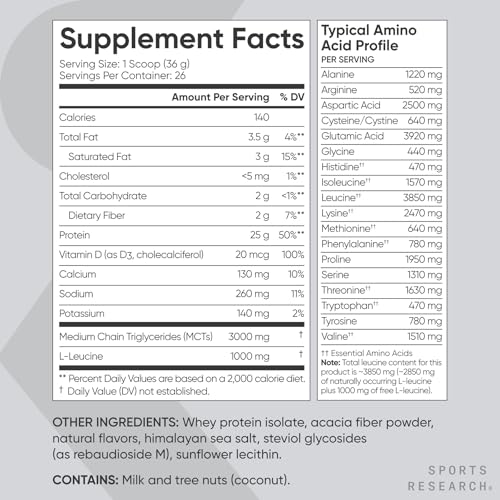 Image of Sports Research Whey Protein Isolate - Sports Nutrition Protein Powder 25g per Serving - 2.06lb Bag Whey Protein - Vanilla Flavor - Bulk Protein Powder, 26 Servings