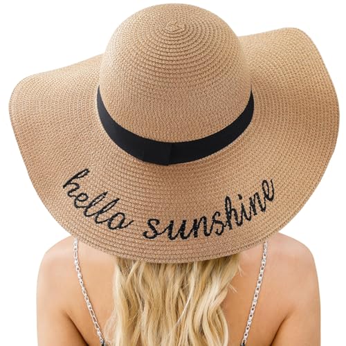 Straw Sun Hat, Wide Brim Straw Beach Hat UPF 50+ for Women, Foldable Beach Sun Hats for Women on Beaches, Travel and Vacation, khaki, 56