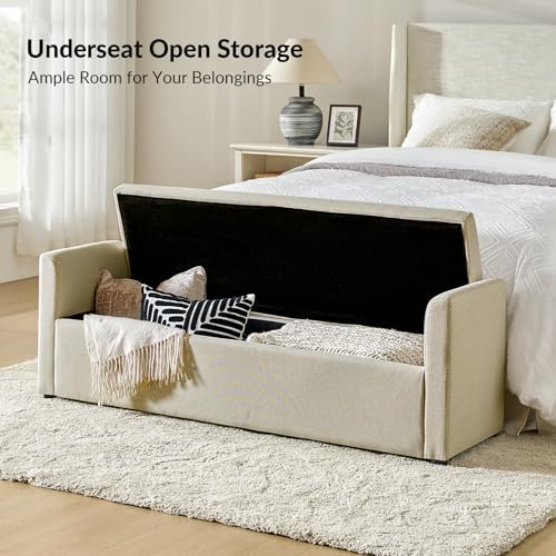 HULALA HOME 59.4" Storage Bench with Throw Pillows, Modern Long Bedroom Bench for End of Bed, Comfy Upholstered Footstool for Entryway Living Room, Beige - Thumbnail 3