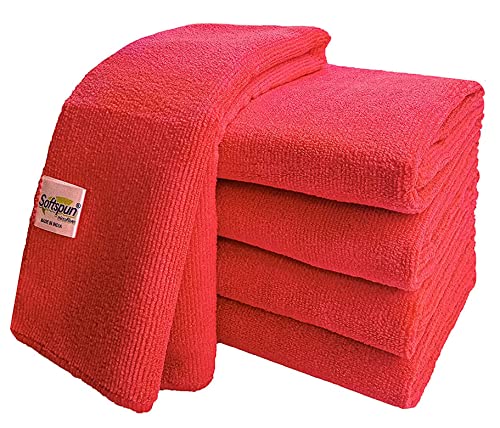Image of SOFTSPUN Microfiber Cleaning Cloths, 5pcs 40x40cms 340GSM Red! Highly Absorbent, Lint and Streak Free, Multi -Purpose Wash Cloth for Kitchen, Car, Window, Stainless Steel, Silverware.