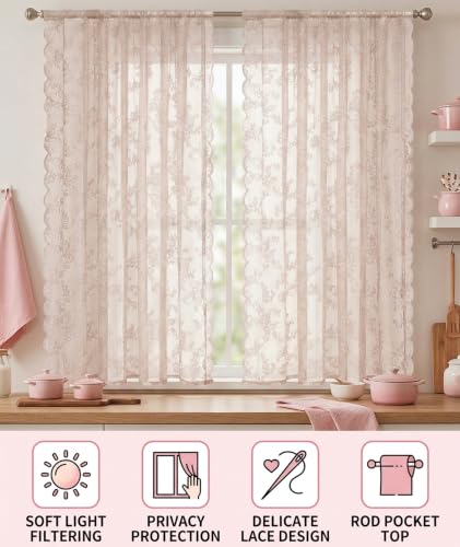 Image of piercing Curtains for Kitchen, Lace Curtains, Kitchen Window Curtains, Sheer Curtains, Kitchen Curtains 29 inchx39 inch Lace Tier 1-Panel Rod Pocket Floral Scalloped Cafe Light Filter White (Style 3)