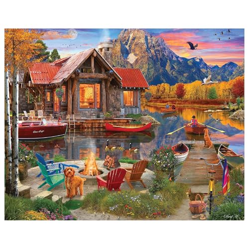 White Mountain Family Retreat Casse-tête d'automne de 1000 pièces Scenic Lake Cabine Puzzle pour Adultes et familles