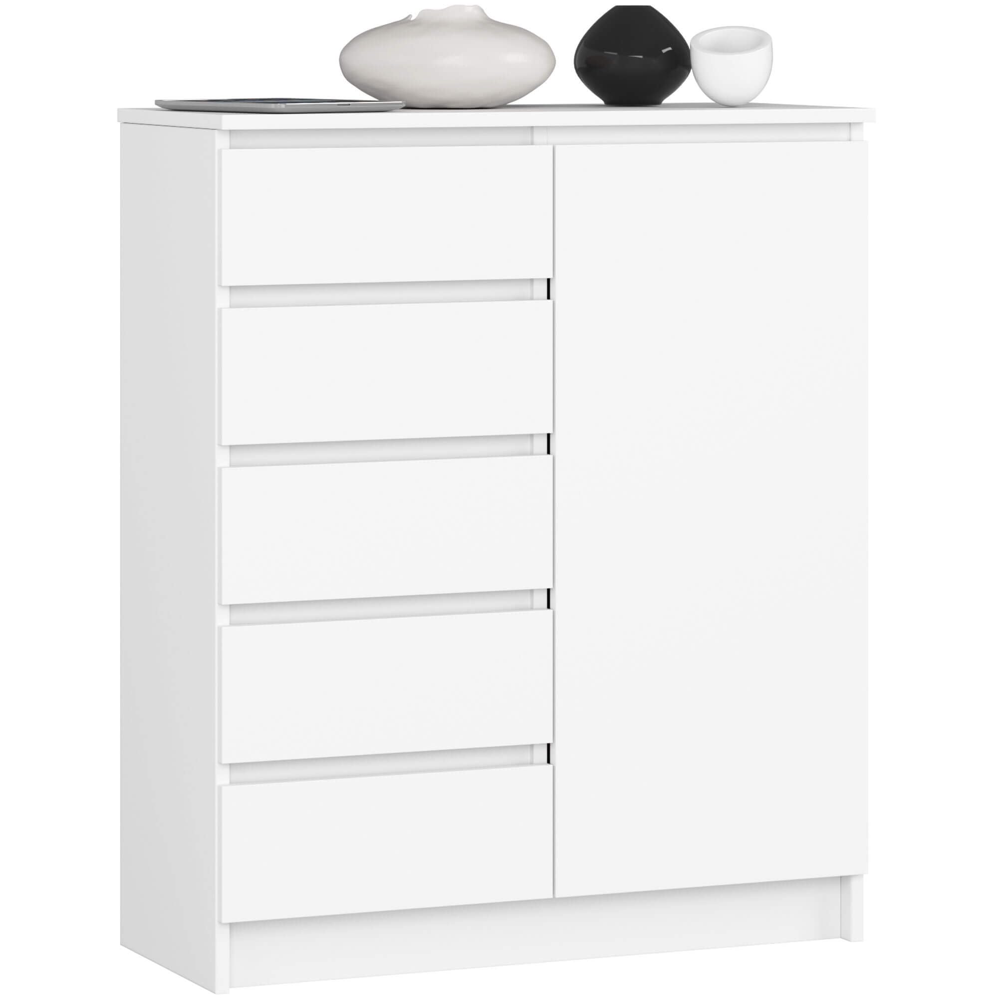 AKORD Kommode K-100 avec 1 Portes et 5 Tiroirs | pour Le Salon Chambre à Coucher | Moderne | Plateau Laminé 16mm | 80 x 35 x 97 cm | Blanc & Blanc