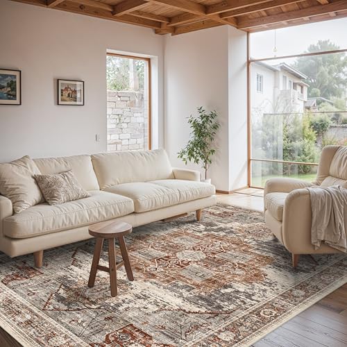 Living Room 6x9 Area Rug - Vintage Washable Rugs with Non Slip Backing Soft Stain Resistant Carpet for Bedroom Indoor Ultra-Thin Low Pile Carpets Home Decor Mat 6x9 Brick