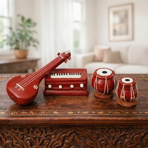 Image of Classic Terracotta Clay Miniature Musical Instruments Combo | Handmade Clay Tabla Veena Harmonium Showpiece for Home Decor, Return Gift, Table Decoration, Indian Handicraft