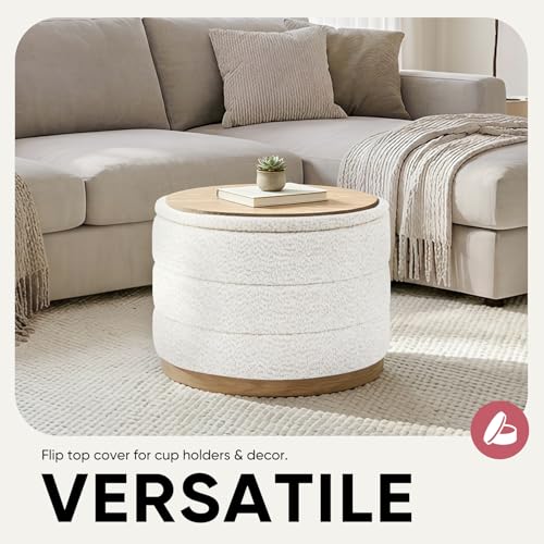 Image of Round Storage Ottoman with Tray, Chenille Folding Foot Rest Coffee tabele for Living Room Bedroom Dorm,Wood Grain Leather