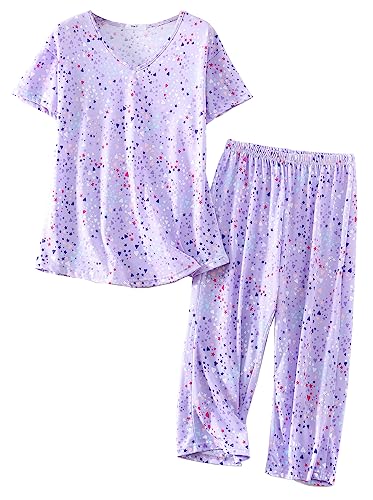 Image of CHUNG Women Cotton Pajama Sets Sleepwear pjs Short Sleeve Shirt Capri Length Crop Pants Cute Vivid Print