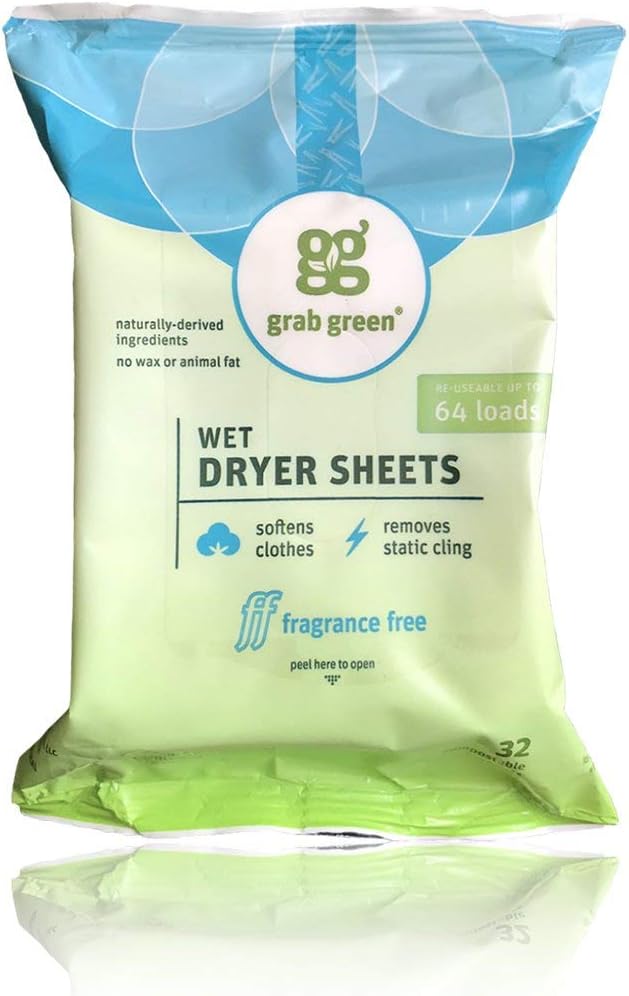 Grab Green Natural Wet Dryer Sheets, Unscented/Free & Clear, Fabric Softener & Static-Reducer, 64 Loads, Reusable & Compostable, Fragrance Free