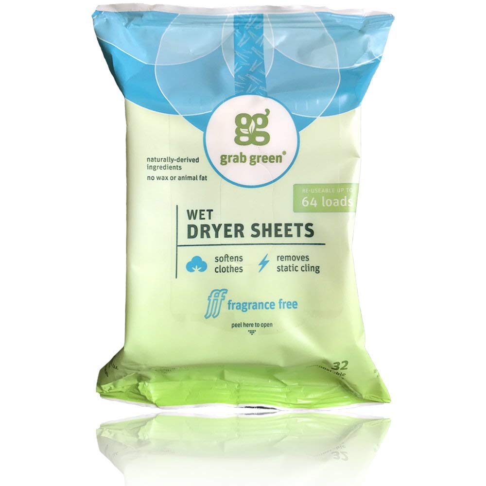 Natural Wet Dryer Sheets, Unscented/Free & Clear, Fabric Softener & Static-Reducer, 64 Loads, Reusable & Compostable, Fragrance Free